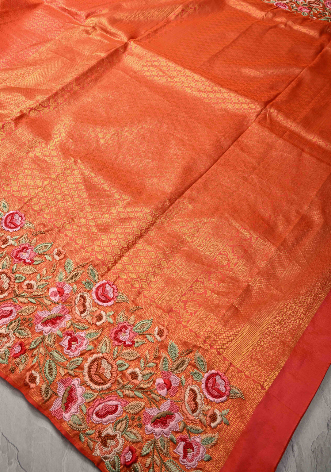Kesari Kanjivaram Pure Silk Saree with Brocade and Wide Floral Embroidered Border | SILK MARK CERTIFIED
