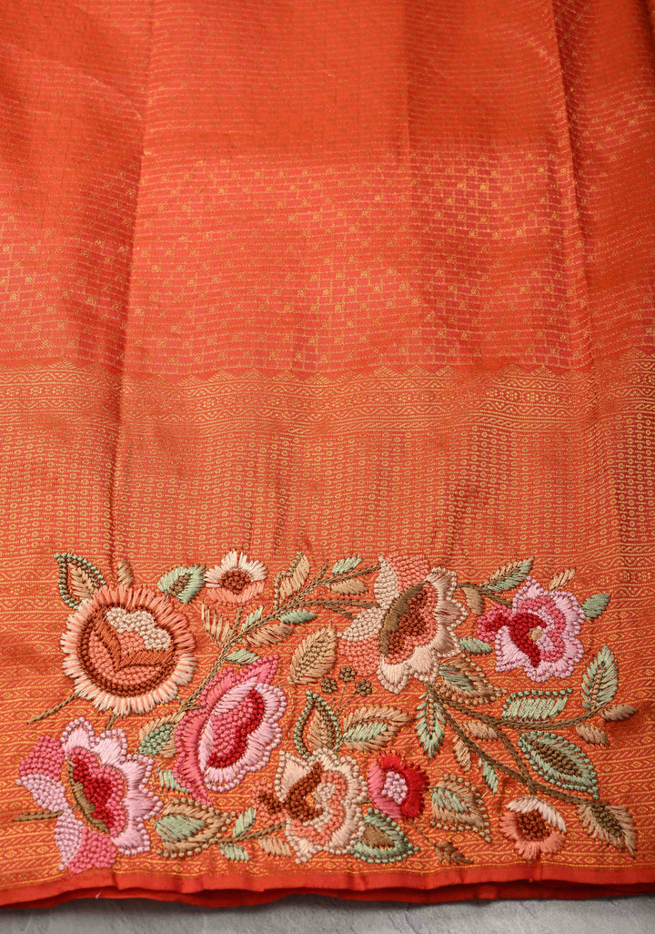 Kesari Kanjivaram Pure Silk Saree with Brocade and Wide Floral Embroidered Border | SILK MARK CERTIFIED