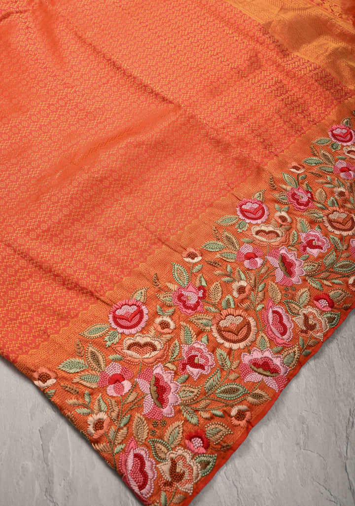 Kesari Kanjivaram Pure Silk Saree with Brocade and Wide Floral Embroidered Border | SILK MARK CERTIFIED