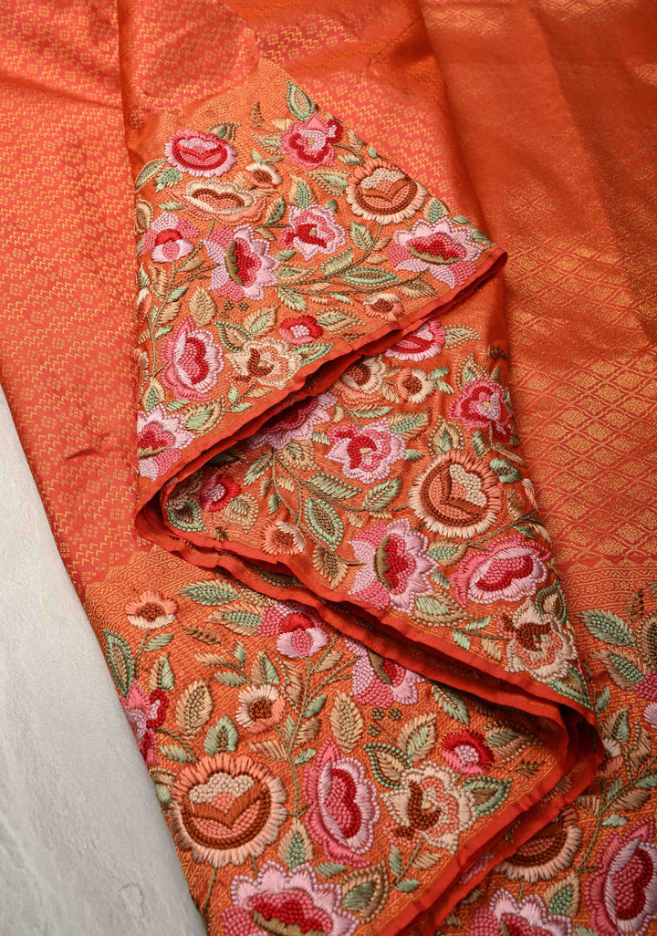 Kesari Kanjivaram Pure Silk Saree with Brocade and Wide Floral Embroidered Border | SILK MARK CERTIFIED