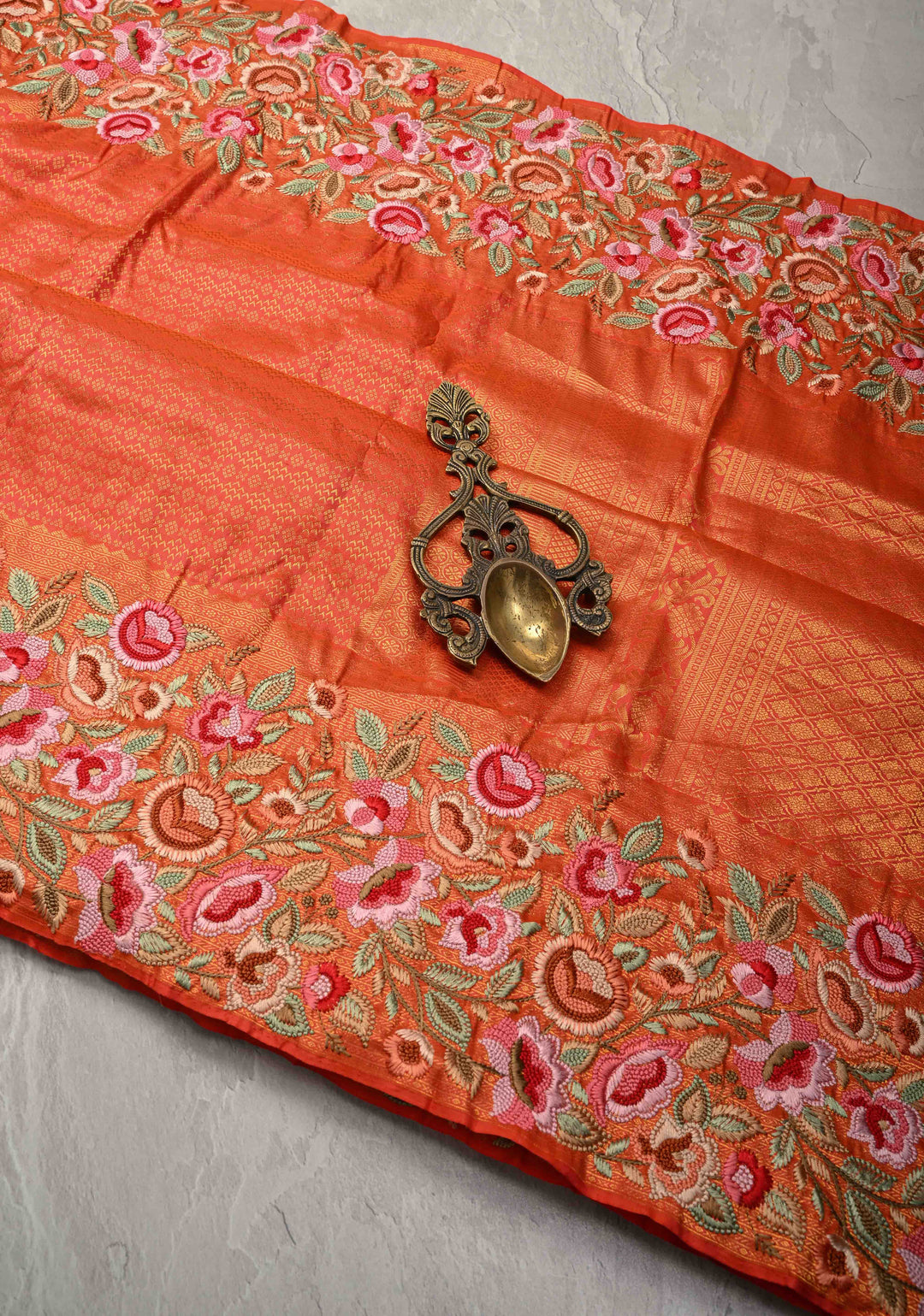 Kesari Kanjivaram Pure Silk Saree with Brocade and Wide Floral Embroidered Border | SILK MARK CERTIFIED