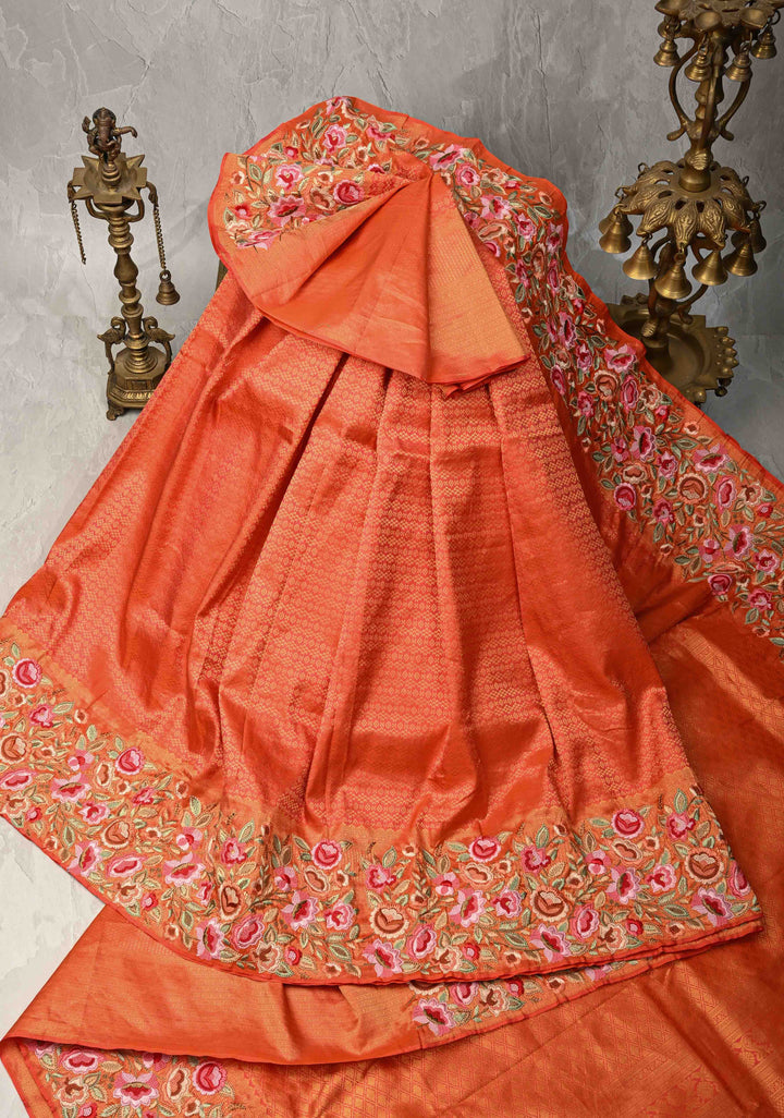 Kesari Kanjivaram Pure Silk Saree with Brocade and Wide Floral Embroidered Border | SILK MARK CERTIFIED