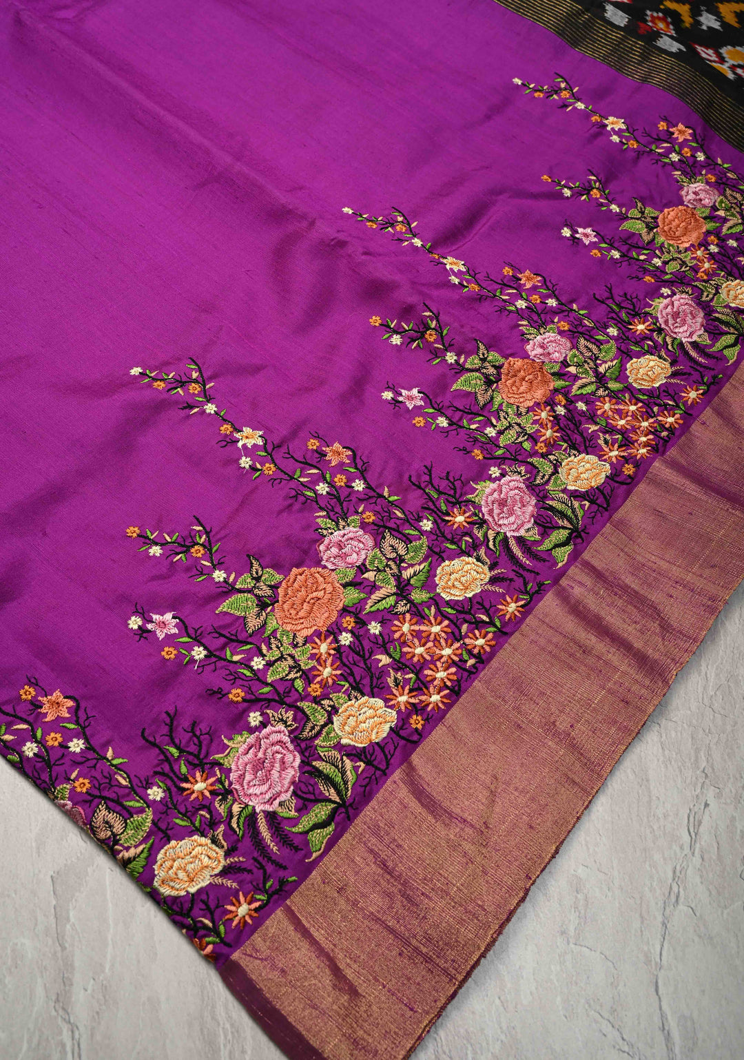 Purple Pure Raw Silk Saree with Floral Embroidery and Ikkat Pallu and Blouse Piece | SILK MARK CERTIFIED