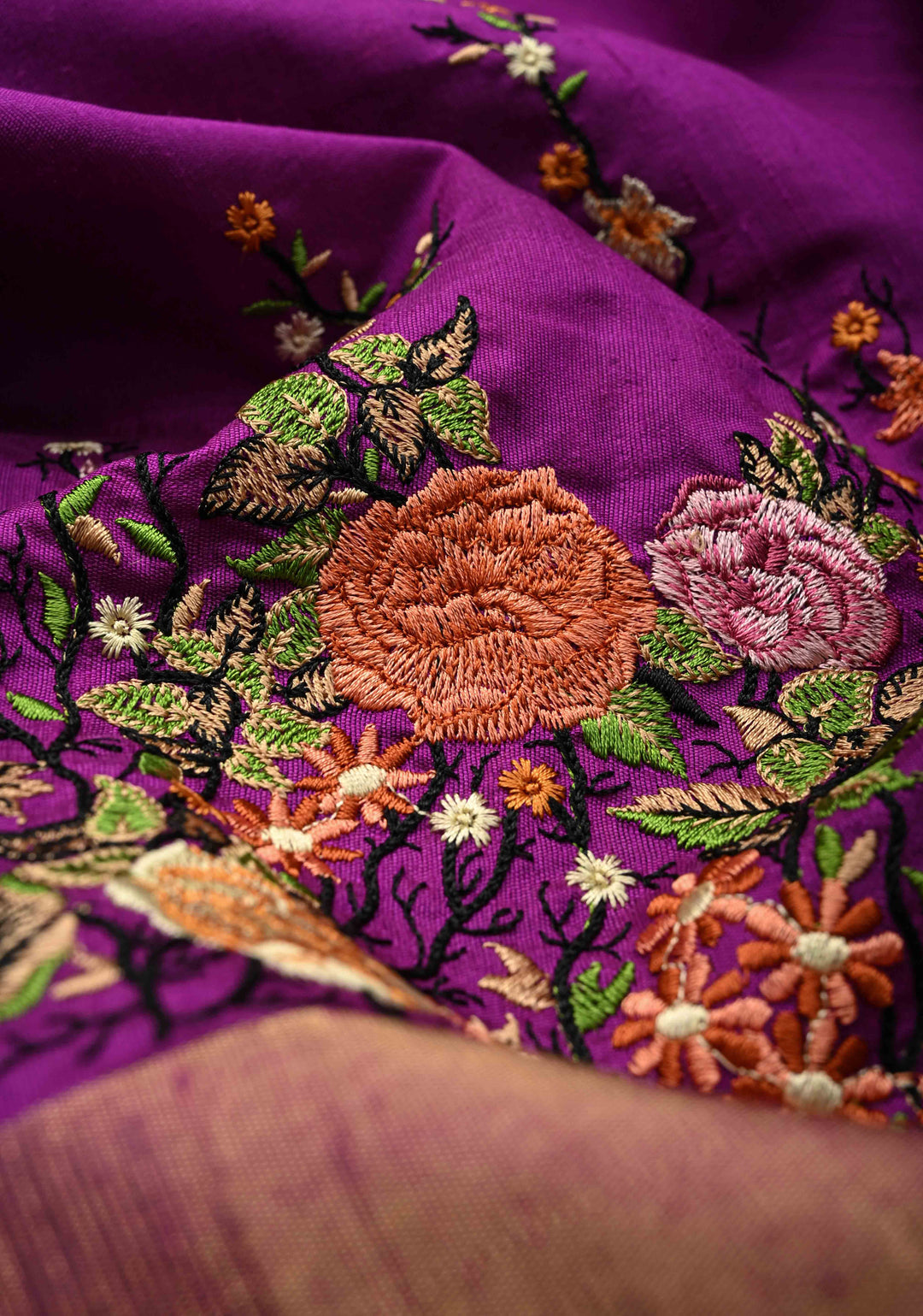 Purple Pure Raw Silk Saree with Floral Embroidery and Ikkat Pallu and Blouse Piece | SILK MARK CERTIFIED