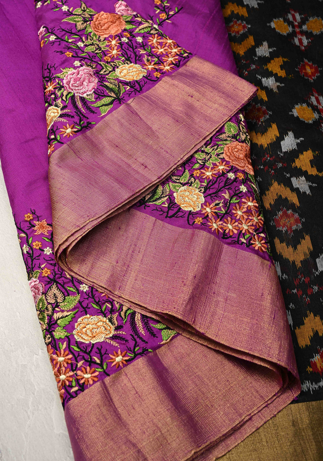 Purple Pure Raw Silk Saree with Floral Embroidery and Ikkat Pallu and Blouse Piece | SILK MARK CERTIFIED