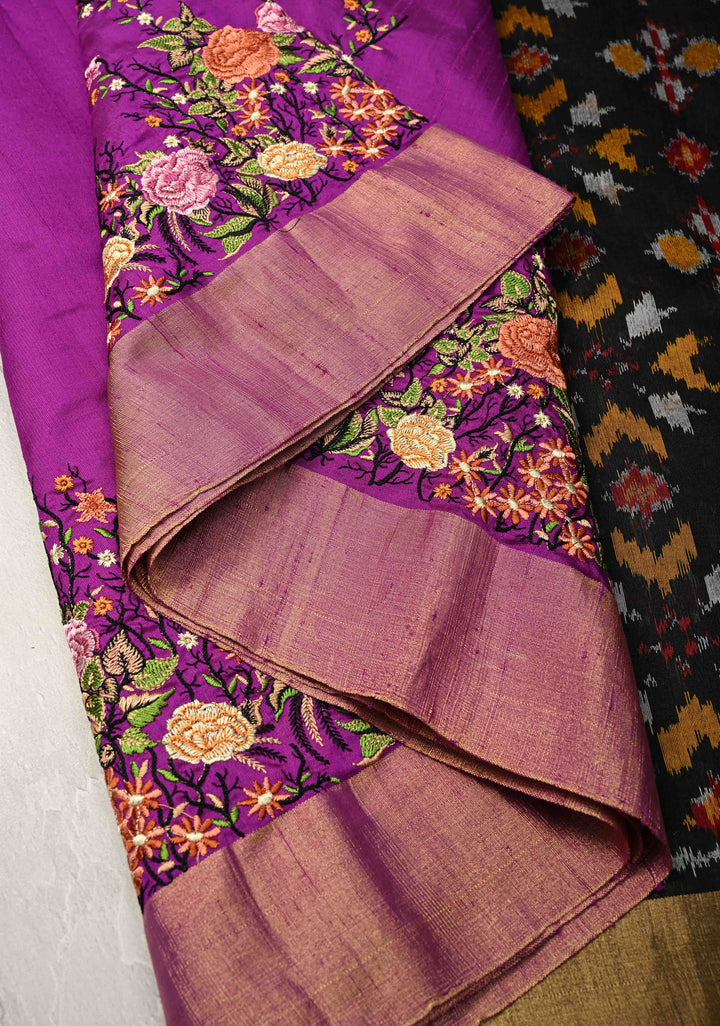 Purple Pure Raw Silk Saree with Floral Embroidery and Ikkat Pallu and Blouse Piece | SILK MARK CERTIFIED