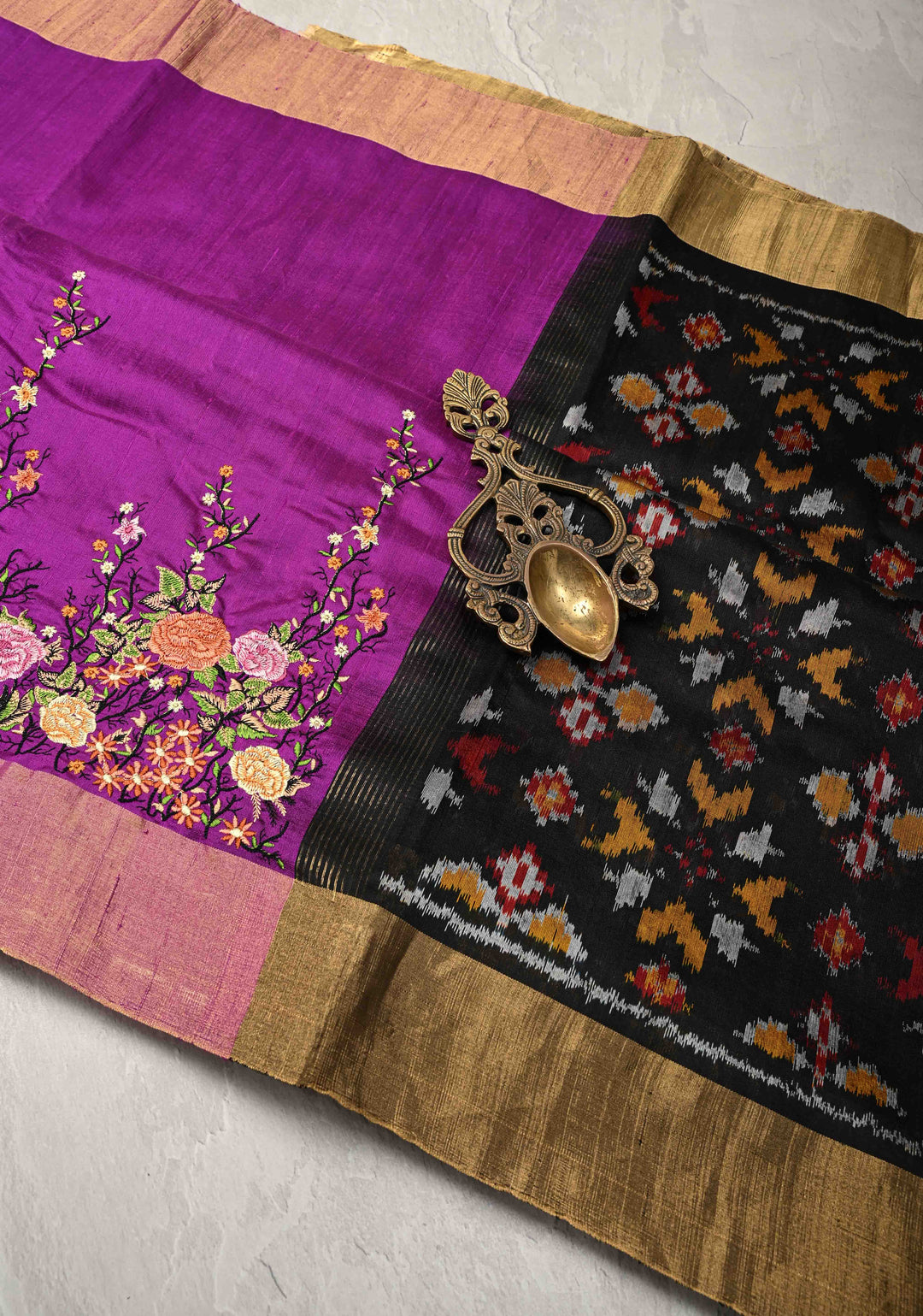 Purple Pure Raw Silk Saree with Floral Embroidery and Ikkat Pallu and Blouse Piece | SILK MARK CERTIFIED