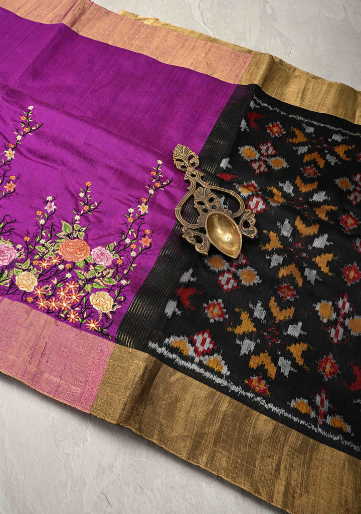 Purple Pure Raw Silk Saree with Floral Embroidery and Ikkat Pallu and Blouse Piece | SILK MARK CERTIFIED