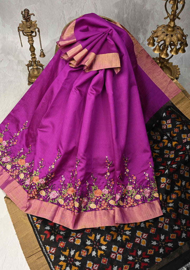 Purple Pure Raw Silk Saree with Floral Embroidery and Ikkat Pallu and Blouse Piece | SILK MARK CERTIFIED