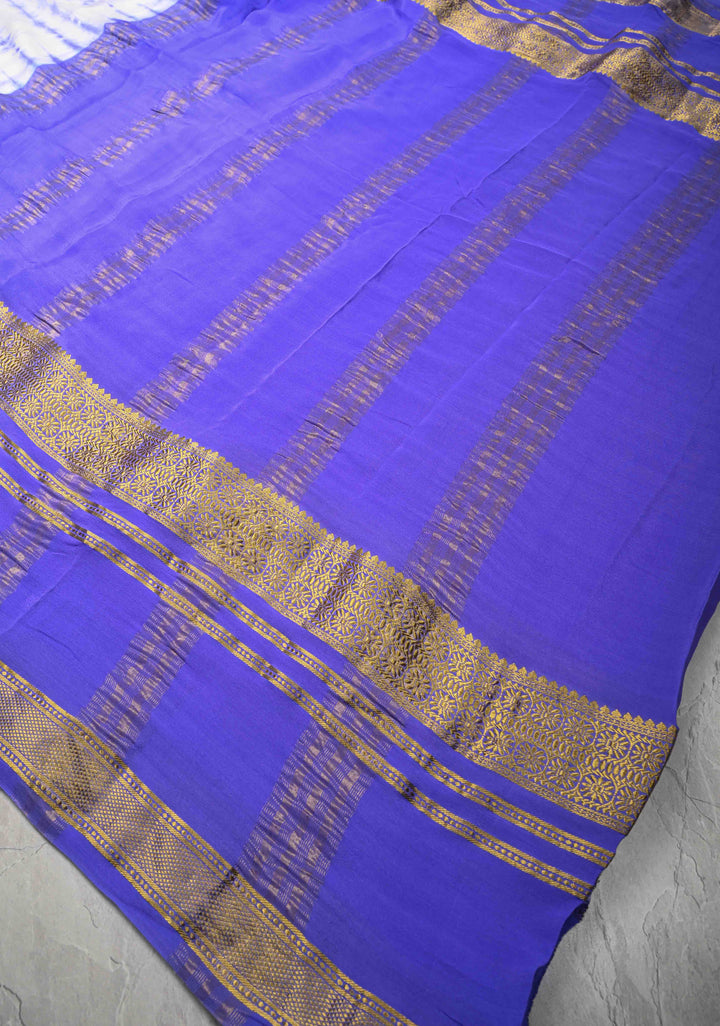 White-Purple Mysore Crepe Silk Saree with Shibori Dye and Zari Borders   | Silk Mark Certified