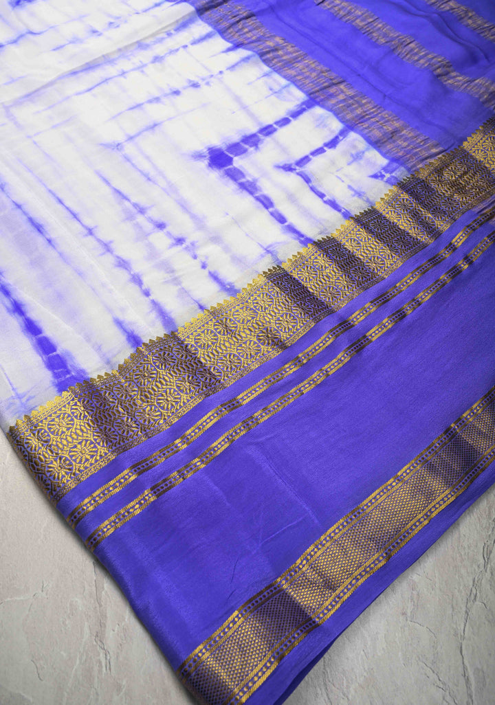 White-Purple Mysore Crepe Silk Saree with Shibori Dye and Zari Borders   | Silk Mark Certified