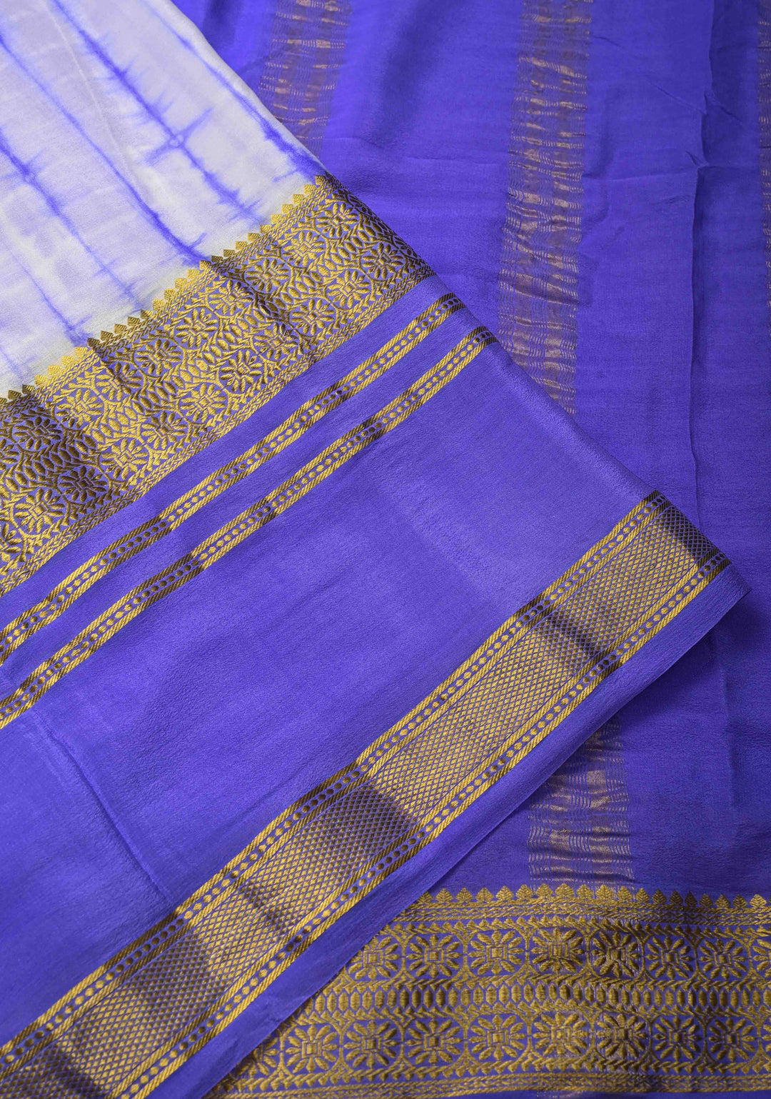White-Purple Mysore Crepe Silk Saree with Shibori Dye and Zari Borders   | Silk Mark Certified