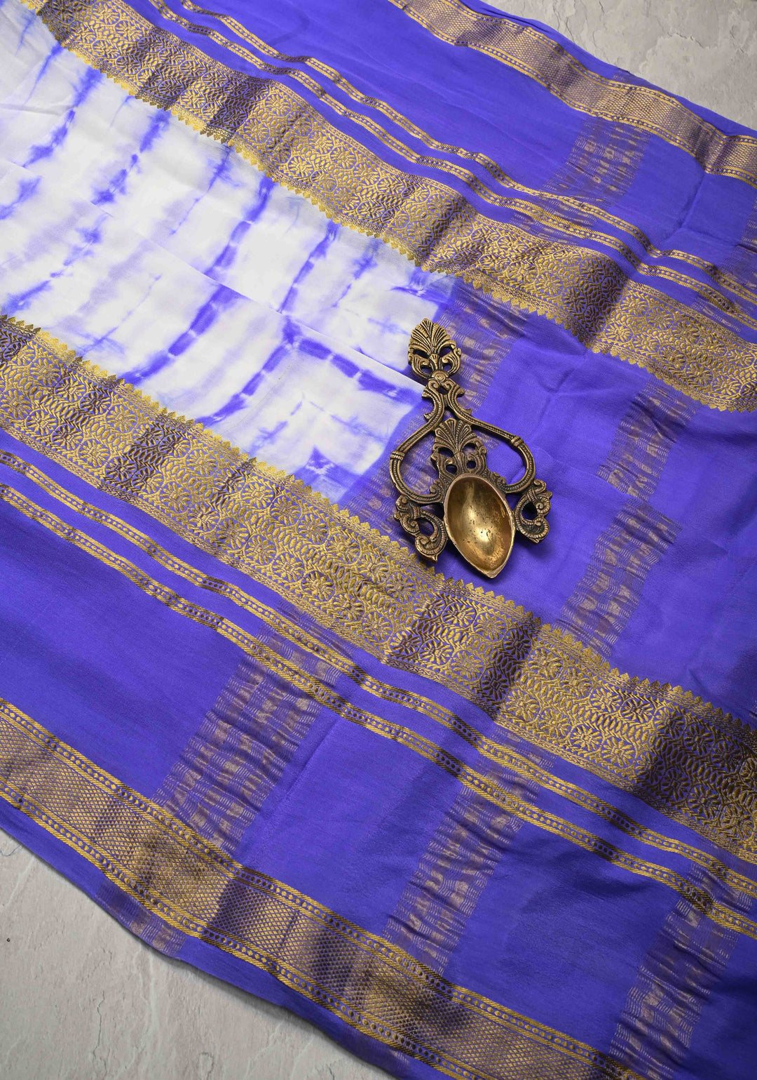 White-Purple Mysore Crepe Silk Saree with Shibori Dye and Zari Borders   | Silk Mark Certified