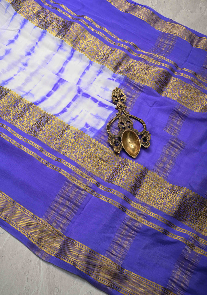 White-Purple Mysore Crepe Silk Saree with Shibori Dye and Zari Borders   | Silk Mark Certified