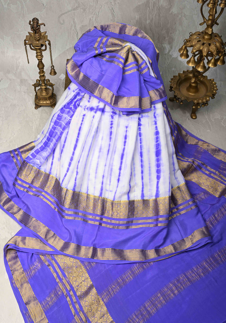 White-Purple Mysore Crepe Silk Saree with Shibori Dye and Zari Borders   | Silk Mark Certified