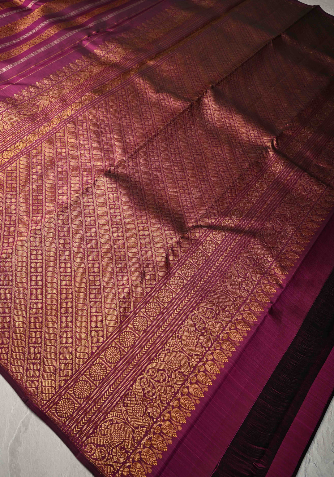 Plum Magenta Kanjivaram Pure Silk Saree with Vanasingaram Gold and Silver Vertical Stripes and Buttas on Borders   | SILK MARK CERTIFIED