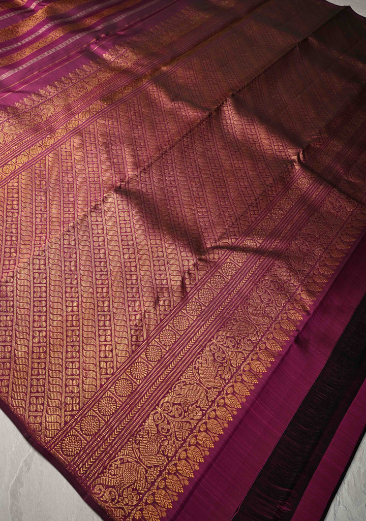 Plum Magenta Kanjivaram Pure Silk Saree with Vanasingaram Gold and Silver Vertical Stripes and Buttas on Borders   | SILK MARK CERTIFIED