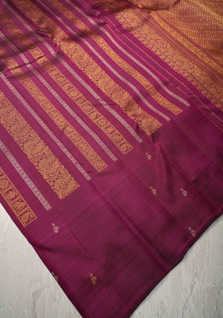 Plum Magenta Kanjivaram Pure Silk Saree with Vanasingaram Gold and Silver Vertical Stripes and Buttas on Borders   | SILK MARK CERTIFIED