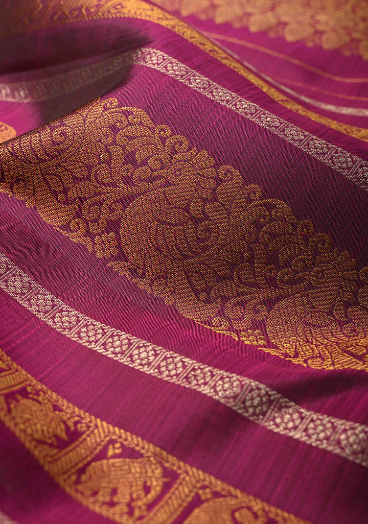 Plum Magenta Kanjivaram Pure Silk Saree with Vanasingaram Gold and Silver Vertical Stripes and Buttas on Borders   | SILK MARK CERTIFIED