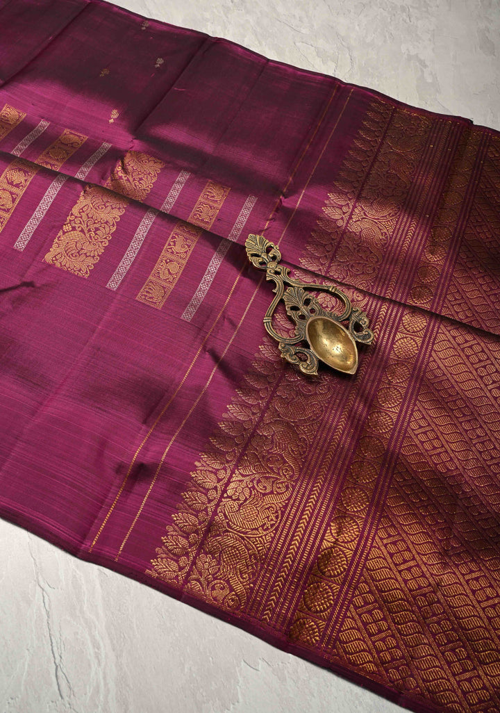 Plum Magenta Kanjivaram Pure Silk Saree with Vanasingaram Gold and Silver Vertical Stripes and Buttas on Borders   | SILK MARK CERTIFIED