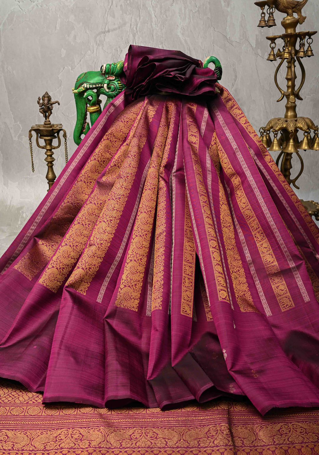 Plum Magenta Kanjivaram Pure Silk Saree with Vanasingaram Gold and Silver Vertical Stripes and Buttas on Borders   | SILK MARK CERTIFIED