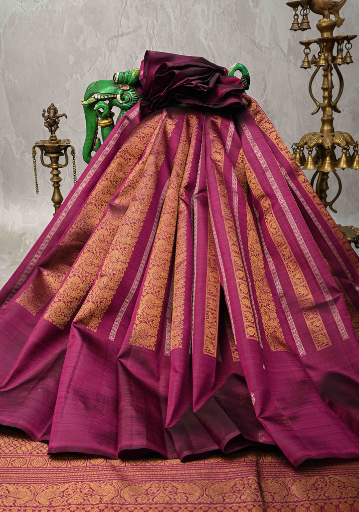 Plum Magenta Kanjivaram Pure Silk Saree with Vanasingaram Gold and Silver Vertical Stripes and Buttas on Borders   | SILK MARK CERTIFIED