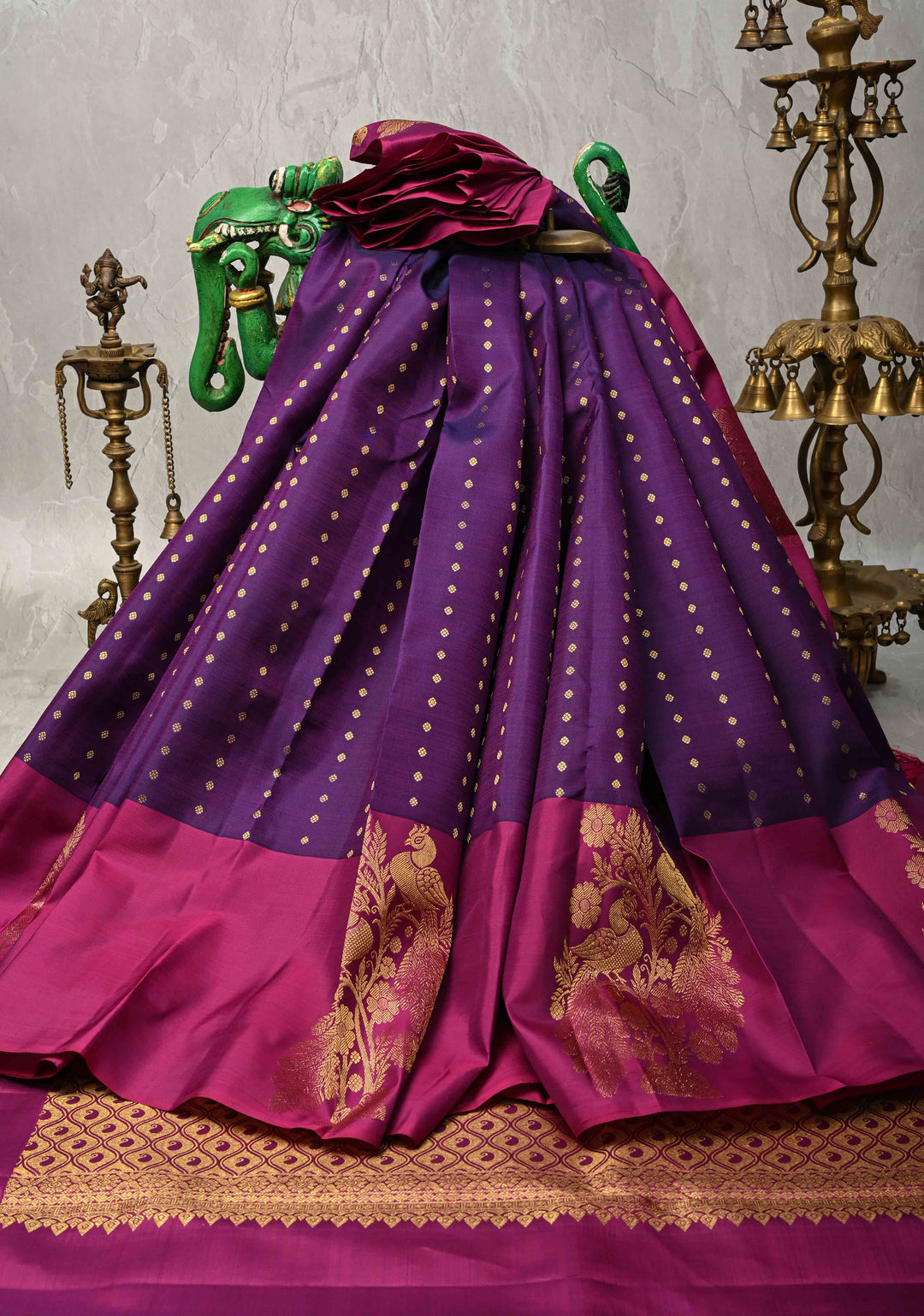 Grape Purple Kanjivaram Pure Soft Silk Saree with Zari Buttis and Distinct Twin Peacock Motifs on Contrast Borders  | SILK MARK CERTIFIED