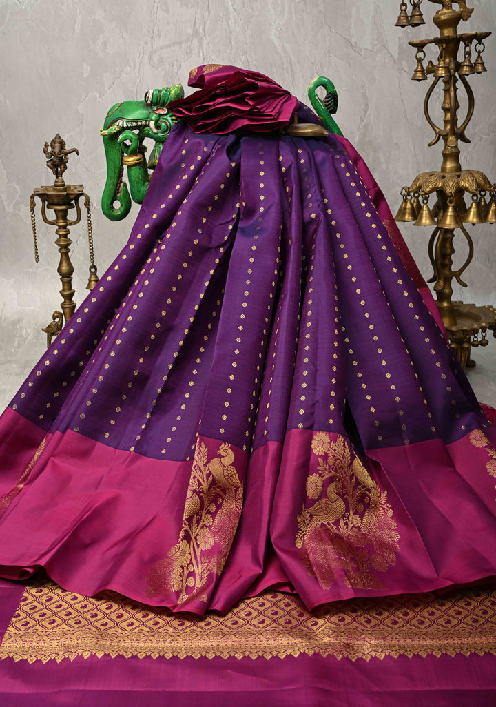 Grape Purple Kanjivaram Pure Soft Silk Saree with Zari Buttis and Distinct Twin Peacock Motifs on Contrast Borders  | SILK MARK CERTIFIED
