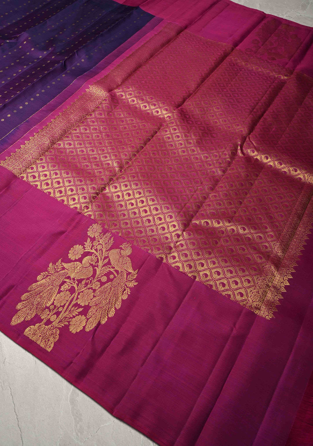 Grape Purple Kanjivaram Pure Soft Silk Saree with Zari Buttis and Distinct Twin Peacock Motifs on Contrast Borders  | SILK MARK CERTIFIED