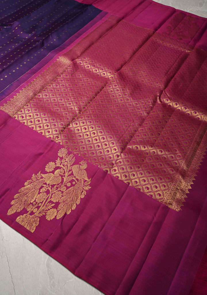 Grape Purple Kanjivaram Pure Soft Silk Saree with Zari Buttis and Distinct Twin Peacock Motifs on Contrast Borders  | SILK MARK CERTIFIED