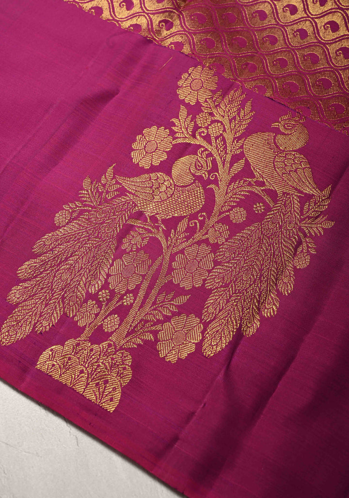 Grape Purple Kanjivaram Pure Soft Silk Saree with Zari Buttis and Distinct Twin Peacock Motifs on Contrast Borders  | SILK MARK CERTIFIED