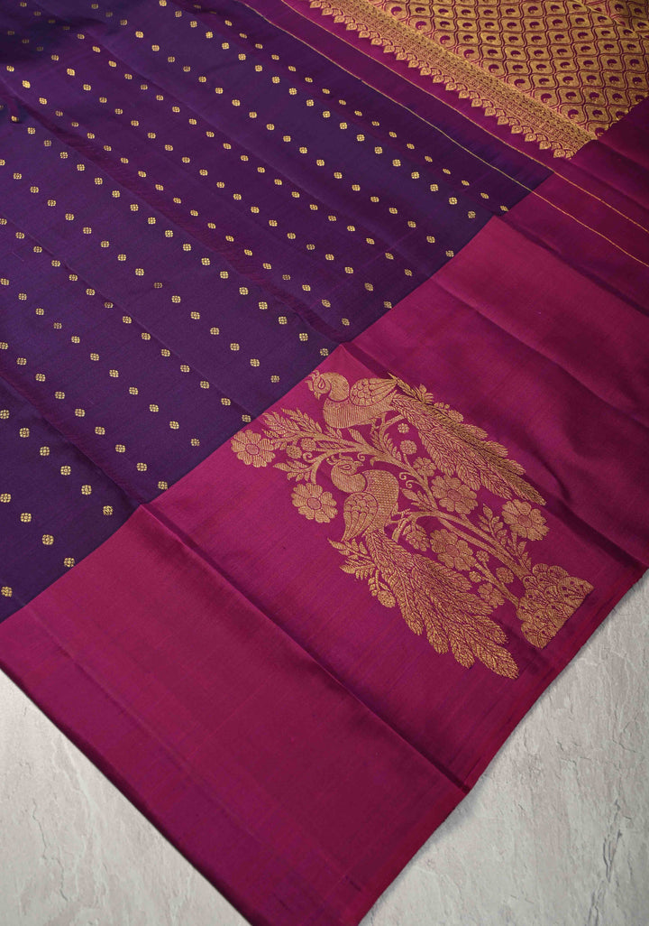 Grape Purple Kanjivaram Pure Soft Silk Saree with Zari Buttis and Distinct Twin Peacock Motifs on Contrast Borders  | SILK MARK CERTIFIED