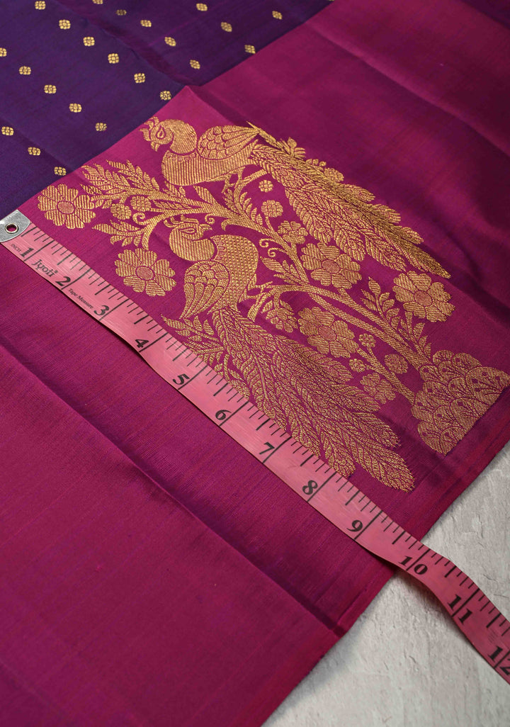 Grape Purple Kanjivaram Pure Soft Silk Saree with Zari Buttis and Distinct Twin Peacock Motifs on Contrast Borders  | SILK MARK CERTIFIED