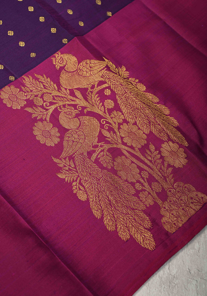 Grape Purple Kanjivaram Pure Soft Silk Saree with Zari Buttis and Distinct Twin Peacock Motifs on Contrast Borders  | SILK MARK CERTIFIED