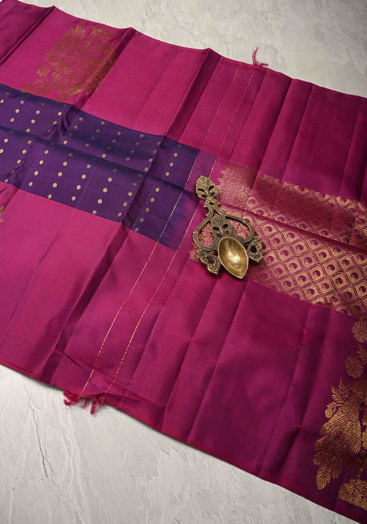 Grape Purple Kanjivaram Pure Soft Silk Saree with Zari Buttis and Distinct Twin Peacock Motifs on Contrast Borders  | SILK MARK CERTIFIED
