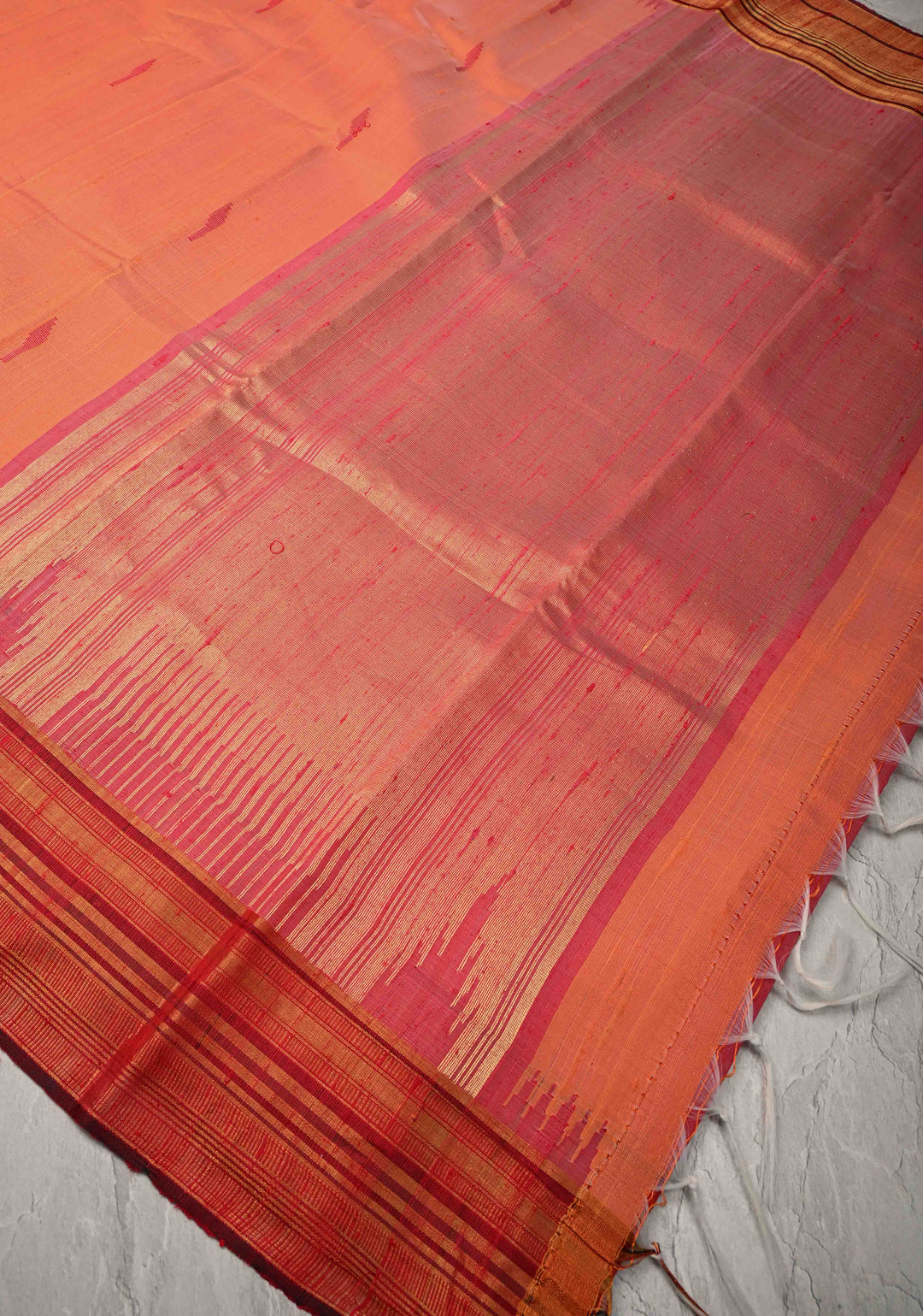 Pinkish Orange Pure Chhattisgari Raw Silk Saree with Resham Butta with Temple Zari Border | SILK MARK CERTIFIED