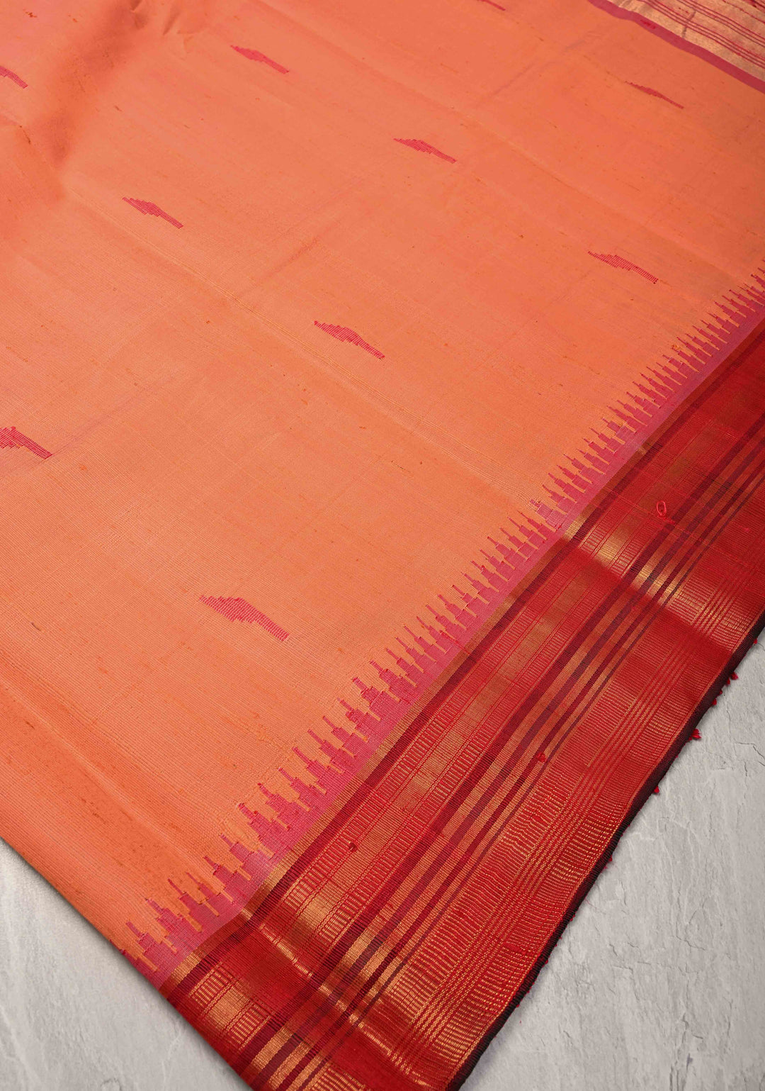 Pinkish Orange Pure Chhattisgari Raw Silk Saree with Resham Butta with Temple Zari Border | SILK MARK CERTIFIED