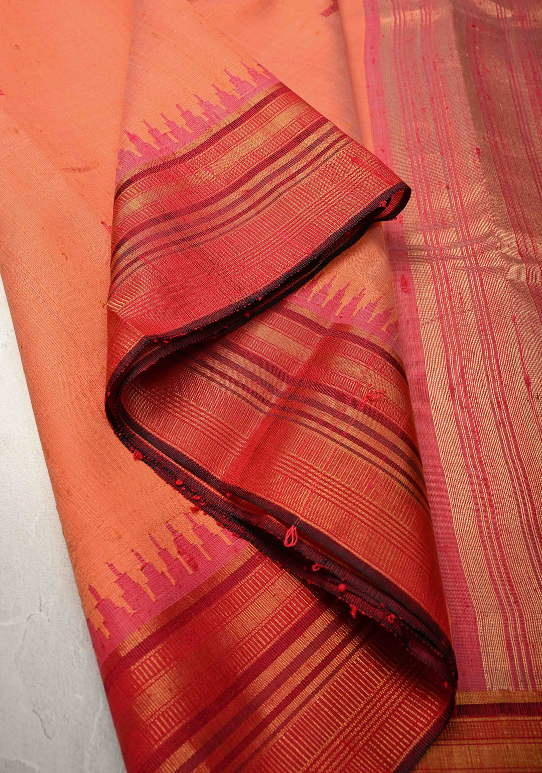 Pinkish Orange Pure Chhattisgari Raw Silk Saree with Resham Butta with Temple Zari Border | SILK MARK CERTIFIED