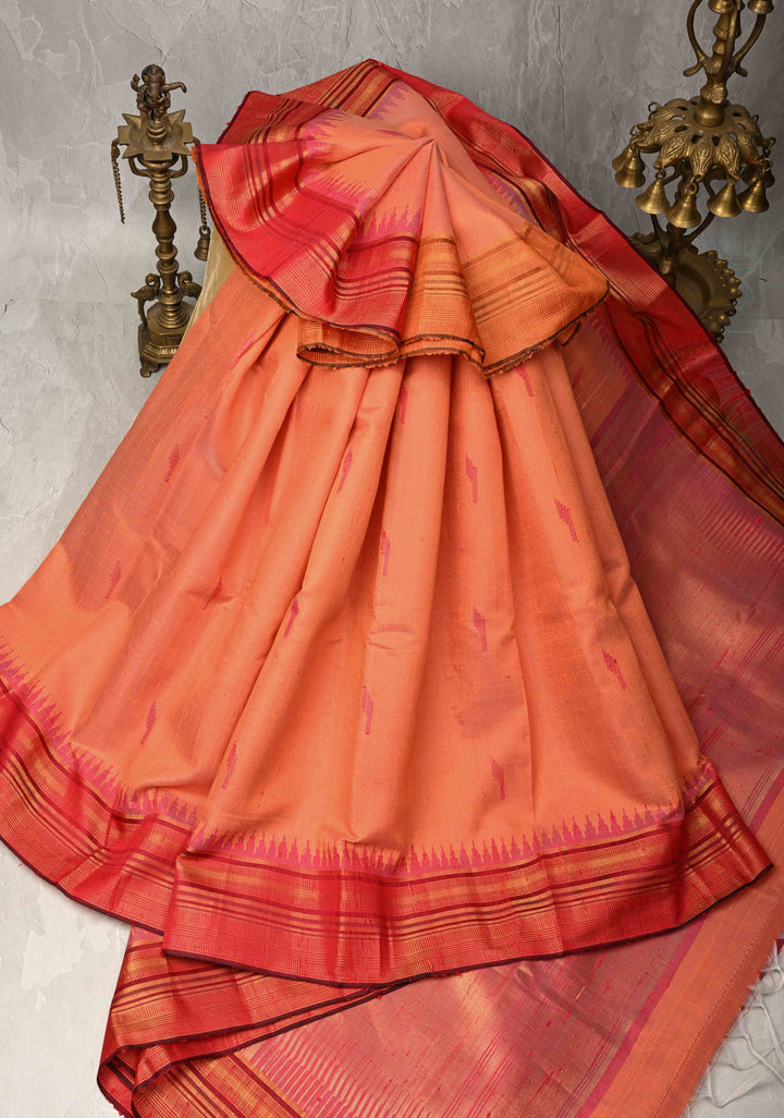 Pinkish Orange Pure Chhattisgari Raw Silk Saree with Resham Butta with Temple Zari Border | SILK MARK CERTIFIED