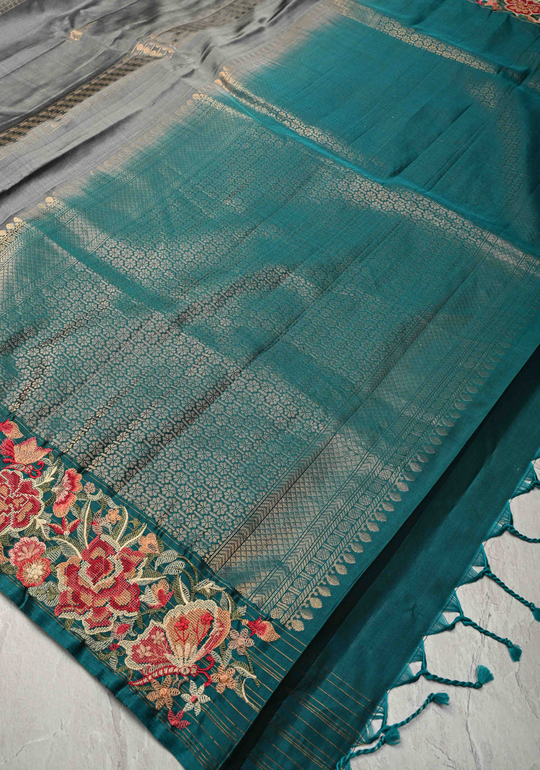 Medium Gray Panel Zari Srtipes  Kanjivaram Soft Silk Saree with Zari Buttas and Cross Stitch Machine Embroidery Border  | SILK MARK CERTIFIED