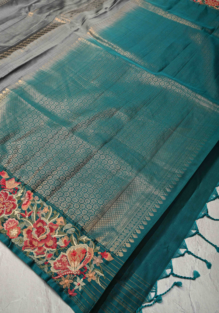 Medium Gray Panel Zari Srtipes  Kanjivaram Soft Silk Saree with Zari Buttas and Cross Stitch Machine Embroidery Border  | SILK MARK CERTIFIED
