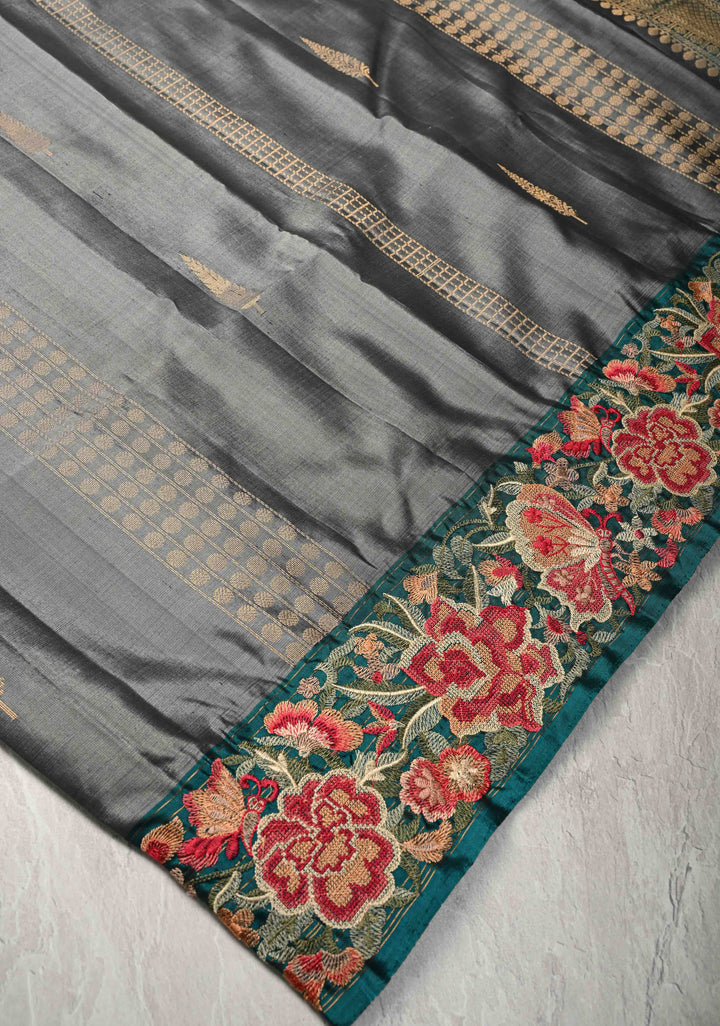 Medium Gray Panel Zari Srtipes  Kanjivaram Soft Silk Saree with Zari Buttas and Cross Stitch Machine Embroidery Border  | SILK MARK CERTIFIED