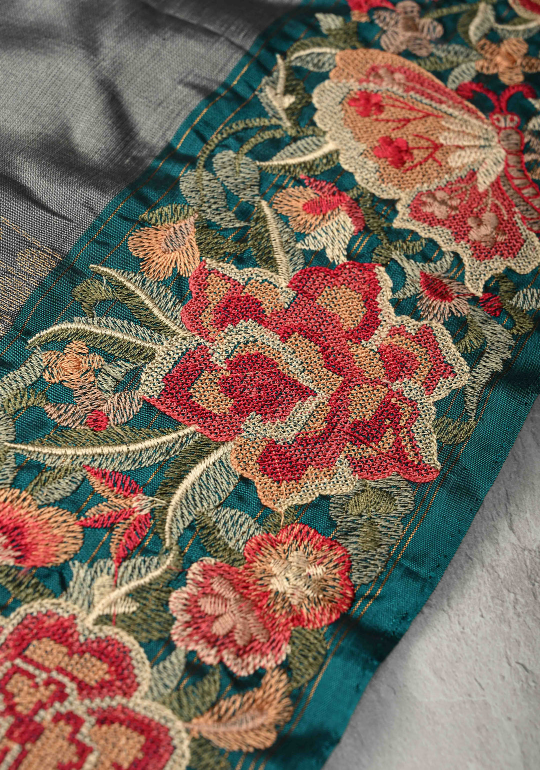 Medium Gray Panel Zari Srtipes  Kanjivaram Soft Silk Saree with Zari Buttas and Cross Stitch Machine Embroidery Border  | SILK MARK CERTIFIED