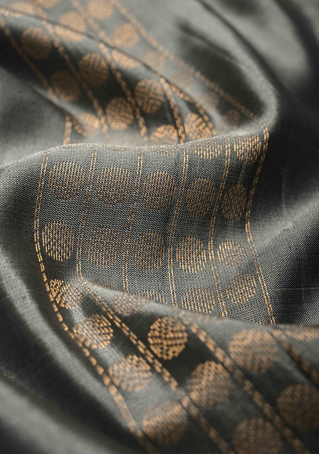 Medium Gray Panel Zari Srtipes  Kanjivaram Soft Silk Saree with Zari Buttas and Cross Stitch Machine Embroidery Border  | SILK MARK CERTIFIED