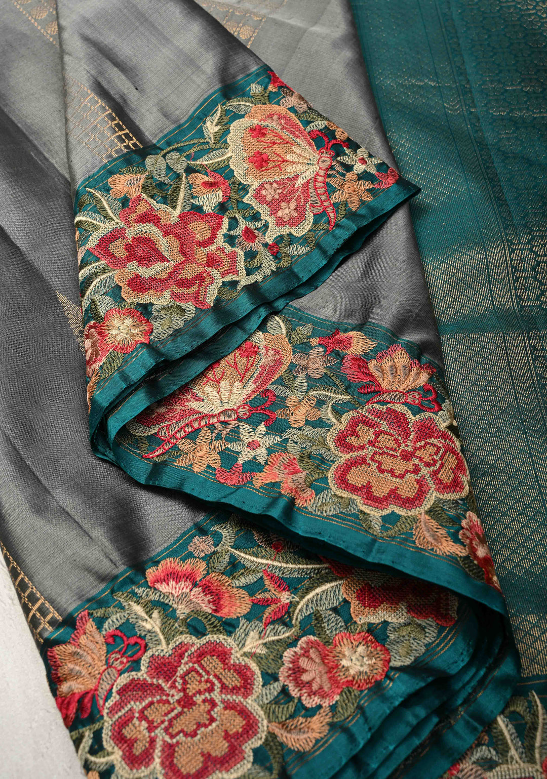 Medium Gray Panel Zari Srtipes  Kanjivaram Soft Silk Saree with Zari Buttas and Cross Stitch Machine Embroidery Border  | SILK MARK CERTIFIED