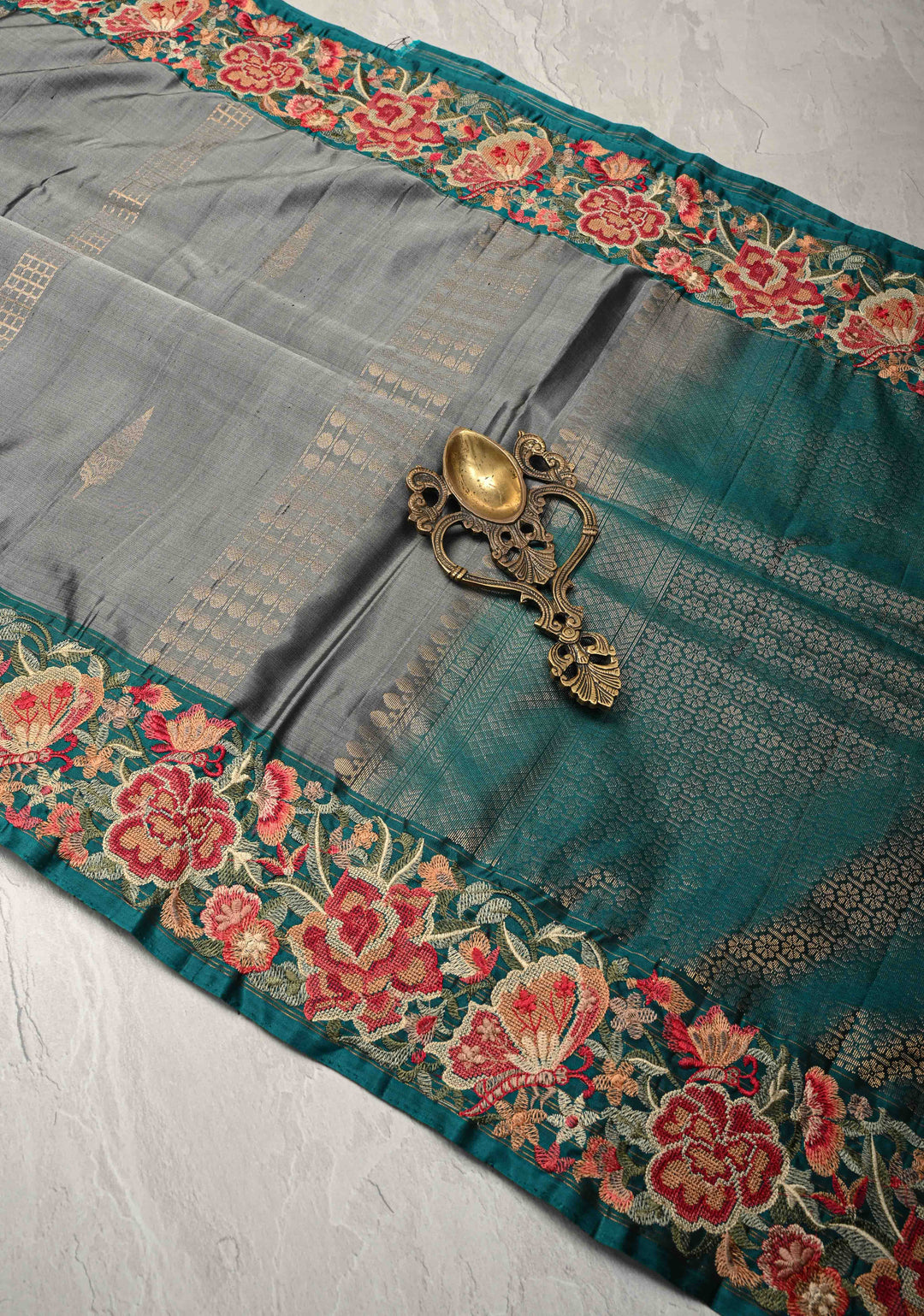 Medium Gray Panel Zari Srtipes  Kanjivaram Soft Silk Saree with Zari Buttas and Cross Stitch Machine Embroidery Border  | SILK MARK CERTIFIED