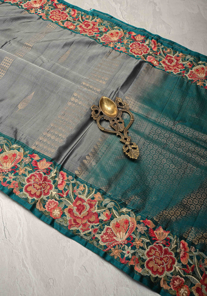 Medium Gray Panel Zari Srtipes  Kanjivaram Soft Silk Saree with Zari Buttas and Cross Stitch Machine Embroidery Border  | SILK MARK CERTIFIED