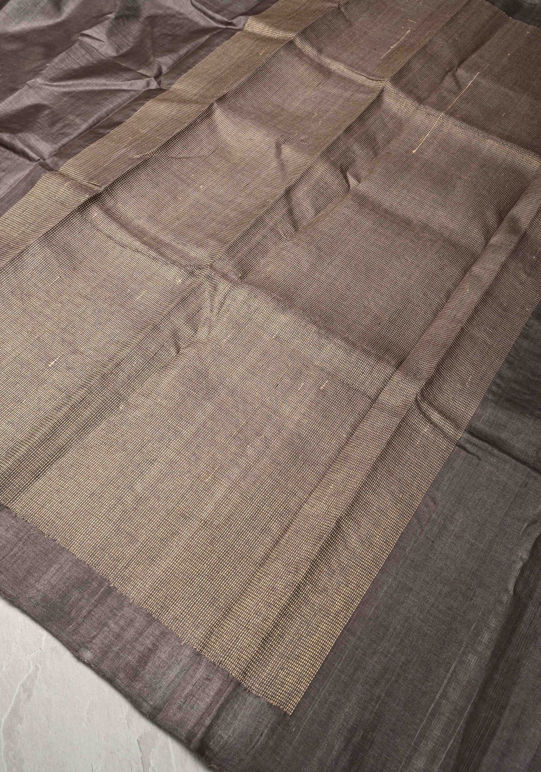 Charcoal Brown Tussar Silk saree with Resham Vertical Stripes on Border  | SILK MARK CERTIFIED