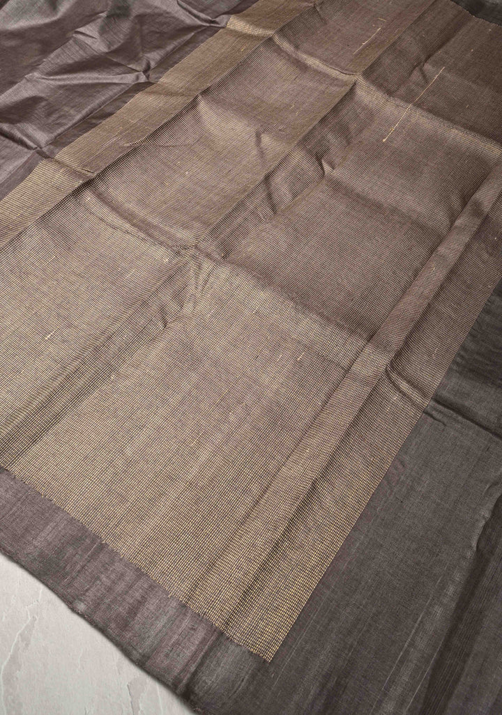 Charcoal Brown Tussar Silk saree with Resham Vertical Stripes on Border  | SILK MARK CERTIFIED