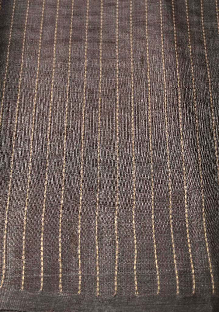 Charcoal Brown Tussar Silk saree with Resham Vertical Stripes on Border  | SILK MARK CERTIFIED